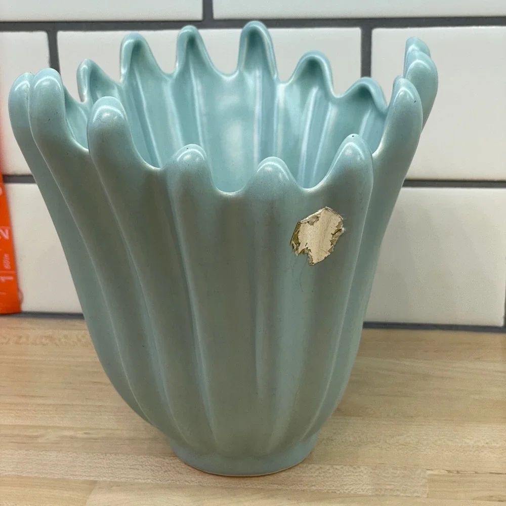Vintage Mid Century Modern Light Blue‎ Splash Handkerchief Fluted Ceramic Vase
